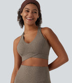 Medium Support V Neck Leopard Built-in Bra Racerback Training Sports Bra — Hazelnut Dark Leopard — view 1