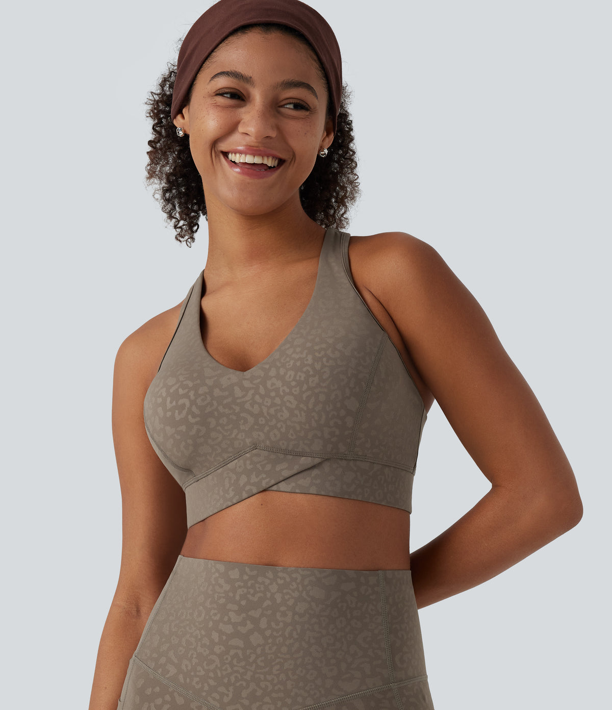 Medium Support V Neck Leopard Built-in Bra Racerback Training Sports Bra — Hazelnut Dark Leopard — view 1