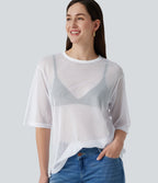 Round Neck Short Sleeve Mesh Quick Dry Casual T-Shirt — Frost White — view 1