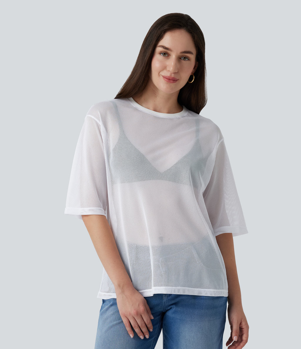 Round Neck Short Sleeve Mesh Quick Dry Casual T-Shirt — Frost White — view 4