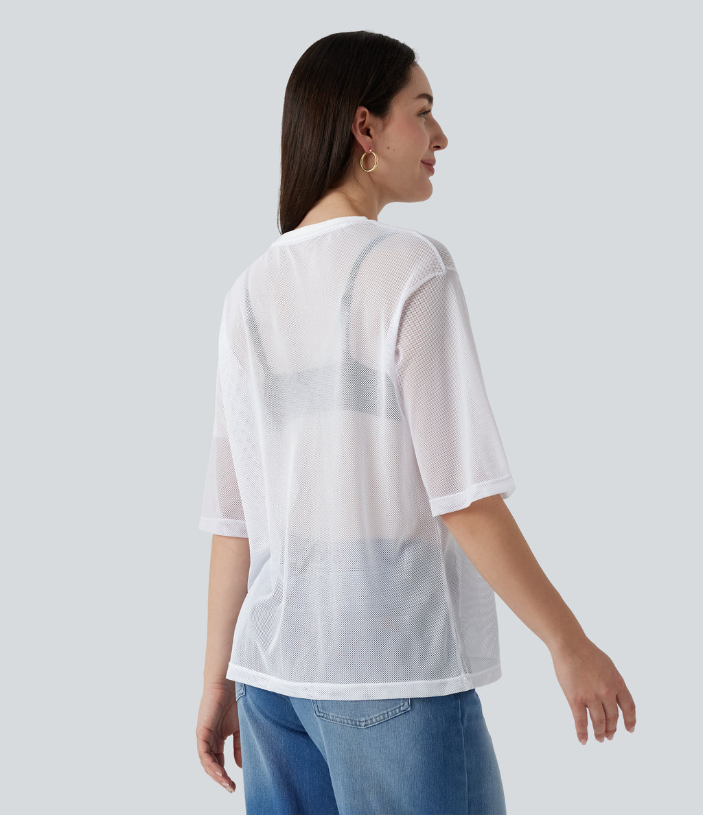 Round Neck Short Sleeve Mesh Quick Dry Casual T-Shirt — Frost White — view 2
