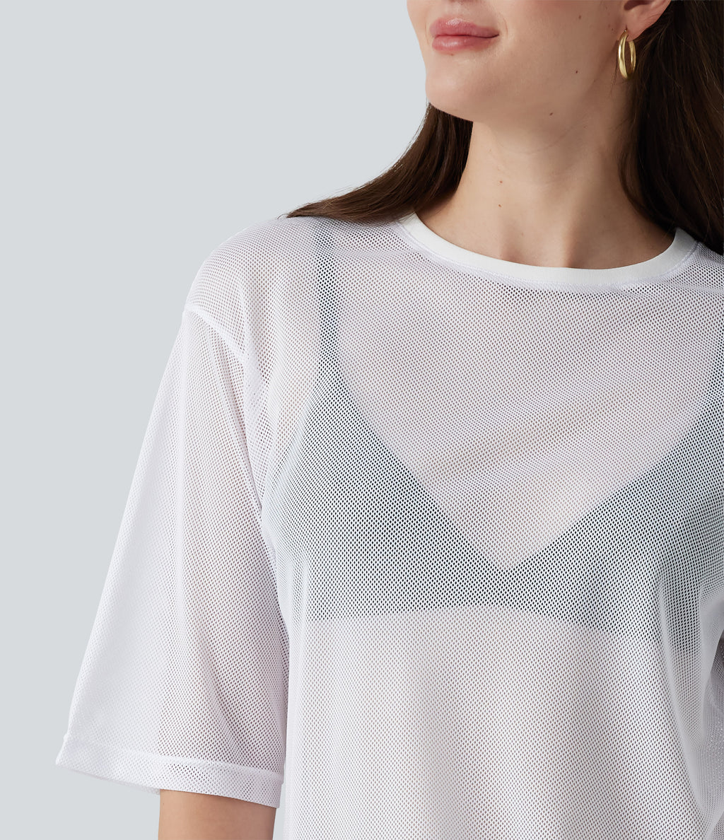 Round Neck Short Sleeve Mesh Quick Dry Casual T-Shirt — Frost White — view 5