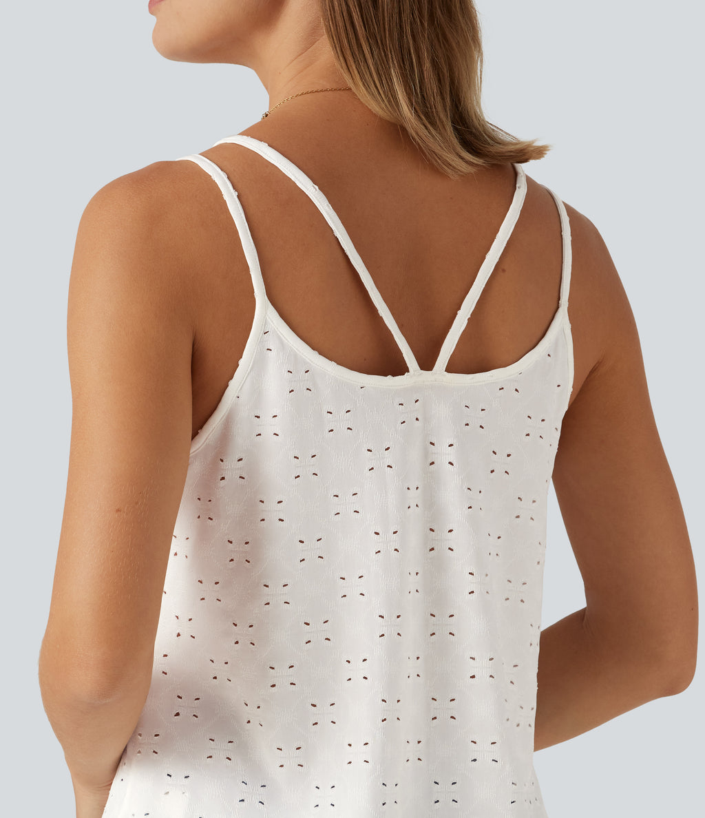 U Neck Eyelet Curved Hem Casual Tank Top — White — view 5