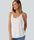 U Neck Eyelet Curved Hem Casual Tank Top — White — view 4
