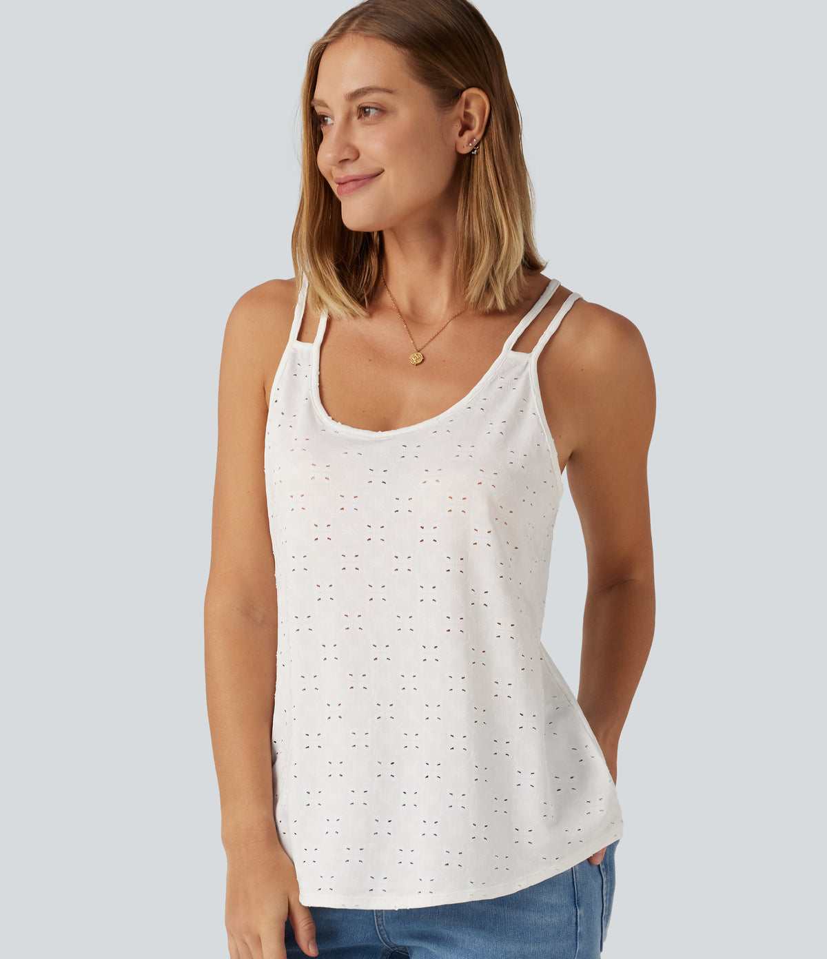 U Neck Eyelet Curved Hem Casual Tank Top — White — view 4
