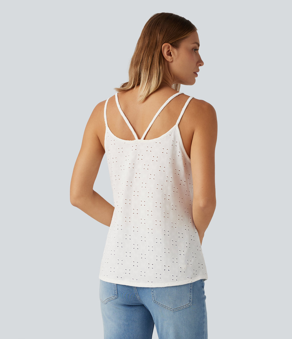 U Neck Eyelet Curved Hem Casual Tank Top — White — view 2