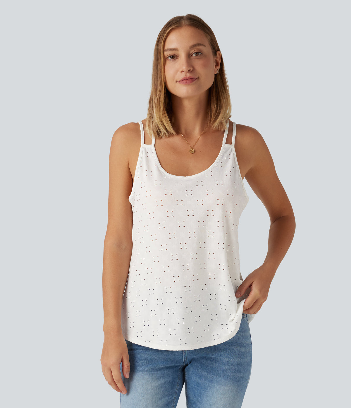 U Neck Eyelet Curved Hem Casual Tank Top — White — view 1