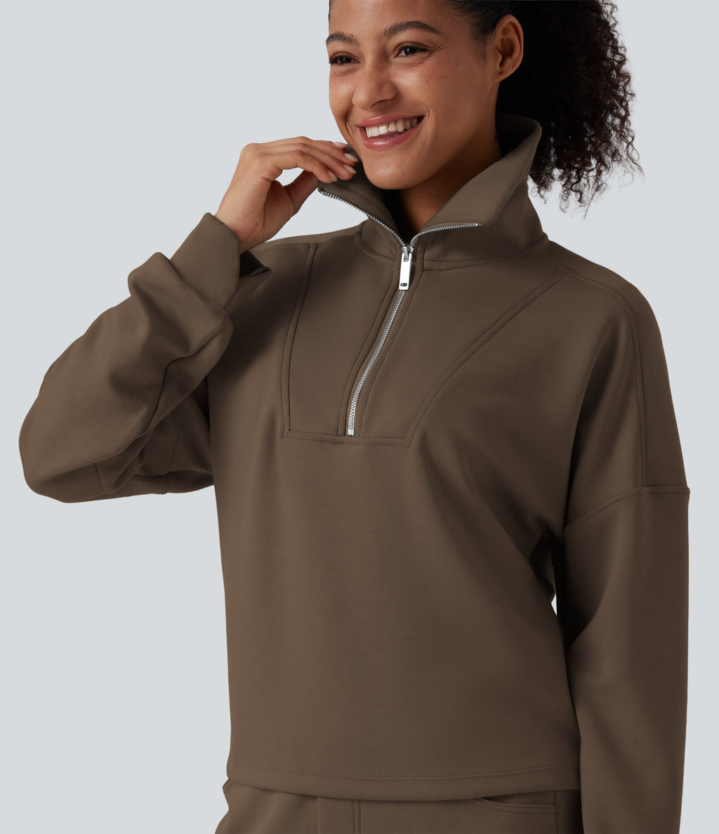 Mock Neck Half Zip Long Sleeve Work Sweatshirt — Coffee Liqueúr — view 7