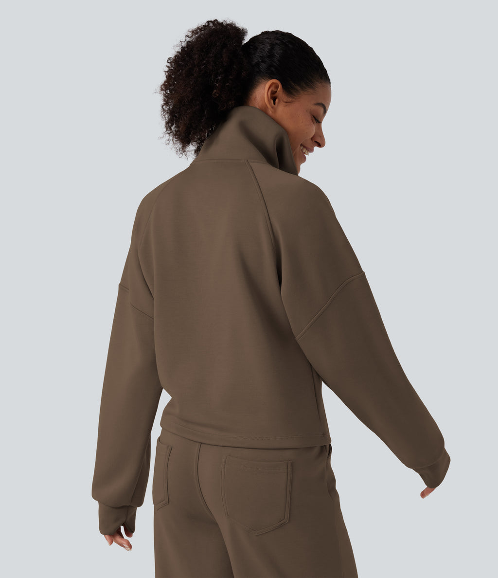Mock Neck Half Zip Long Sleeve Work Sweatshirt — Coffee Liqueúr — view 2