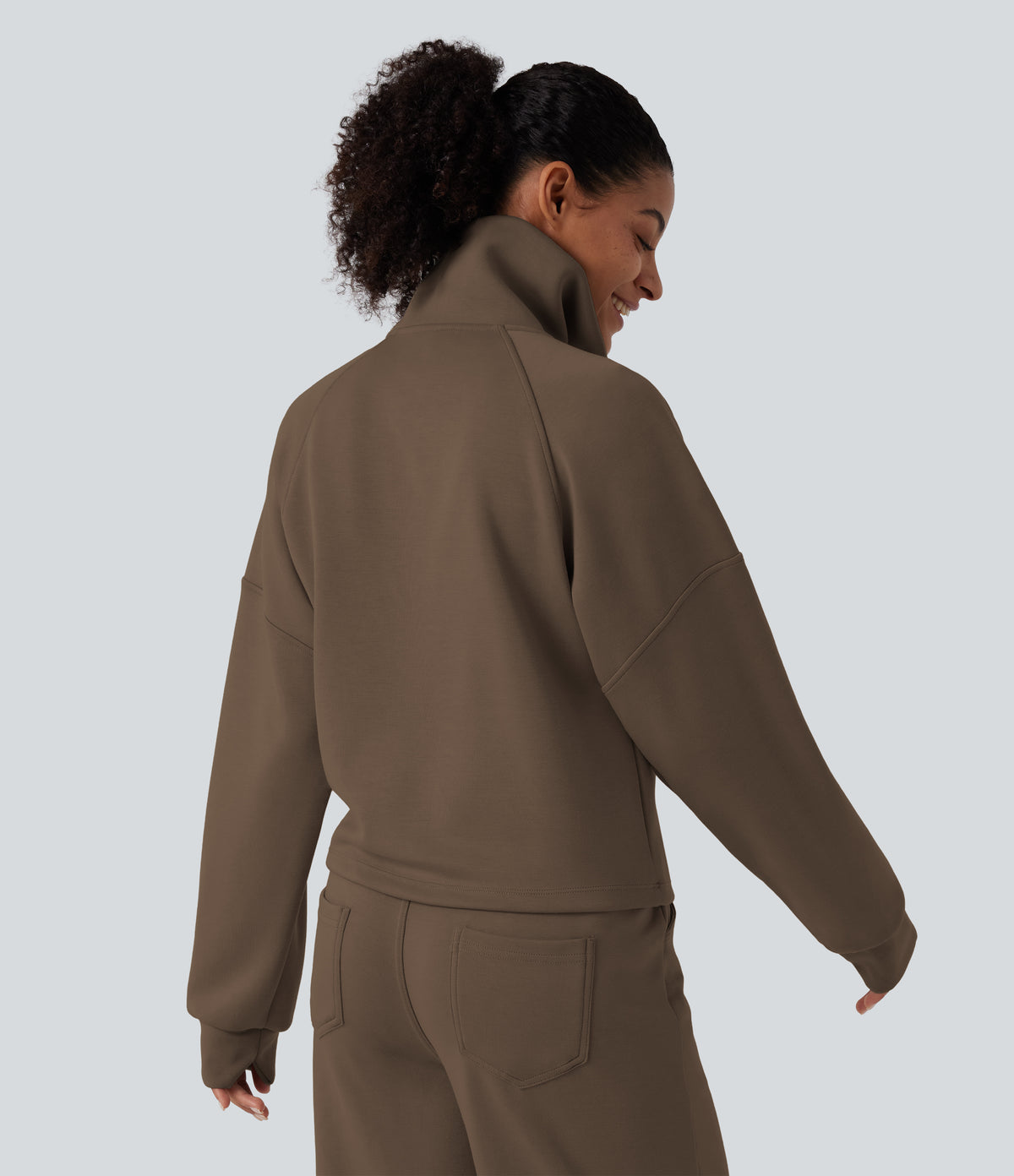Mock Neck Half Zip Long Sleeve Work Sweatshirt — Coffee Liqueúr — view 2