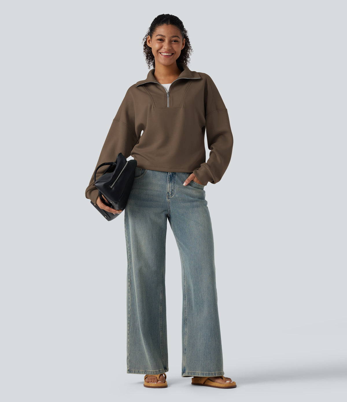 Mock Neck Half Zip Long Sleeve Work Sweatshirt — Coffee Liqueúr — view 4