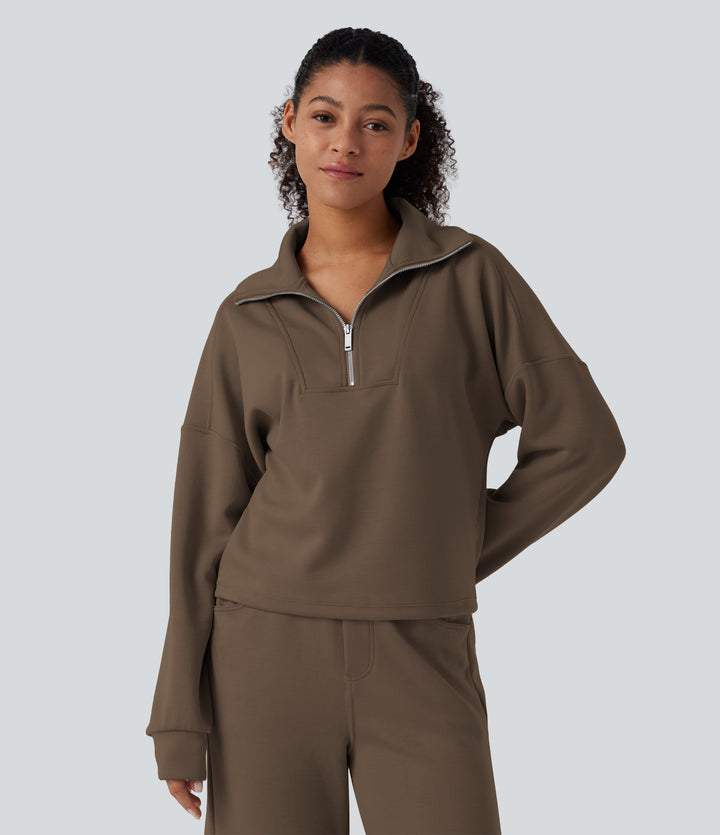 Mock Neck Half Zip Long Sleeve Work Sweatshirt — Coffee Liqueúr — view 1