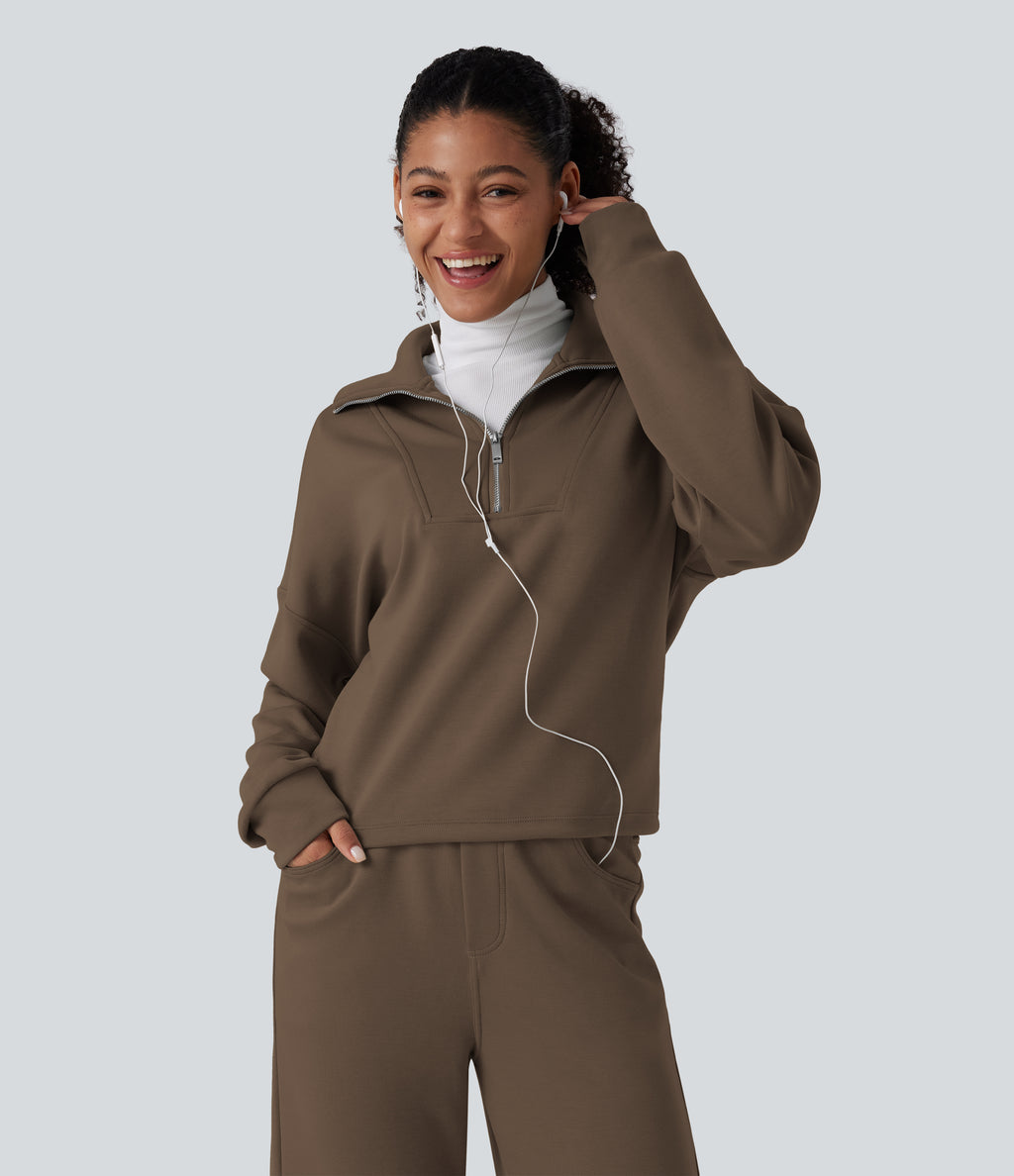 Mock Neck Half Zip Long Sleeve Work Sweatshirt — Coffee Liqueúr — view 6