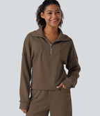 Mock Neck Half Zip Long Sleeve Work Sweatshirt — Coffee Liqueúr — view 5