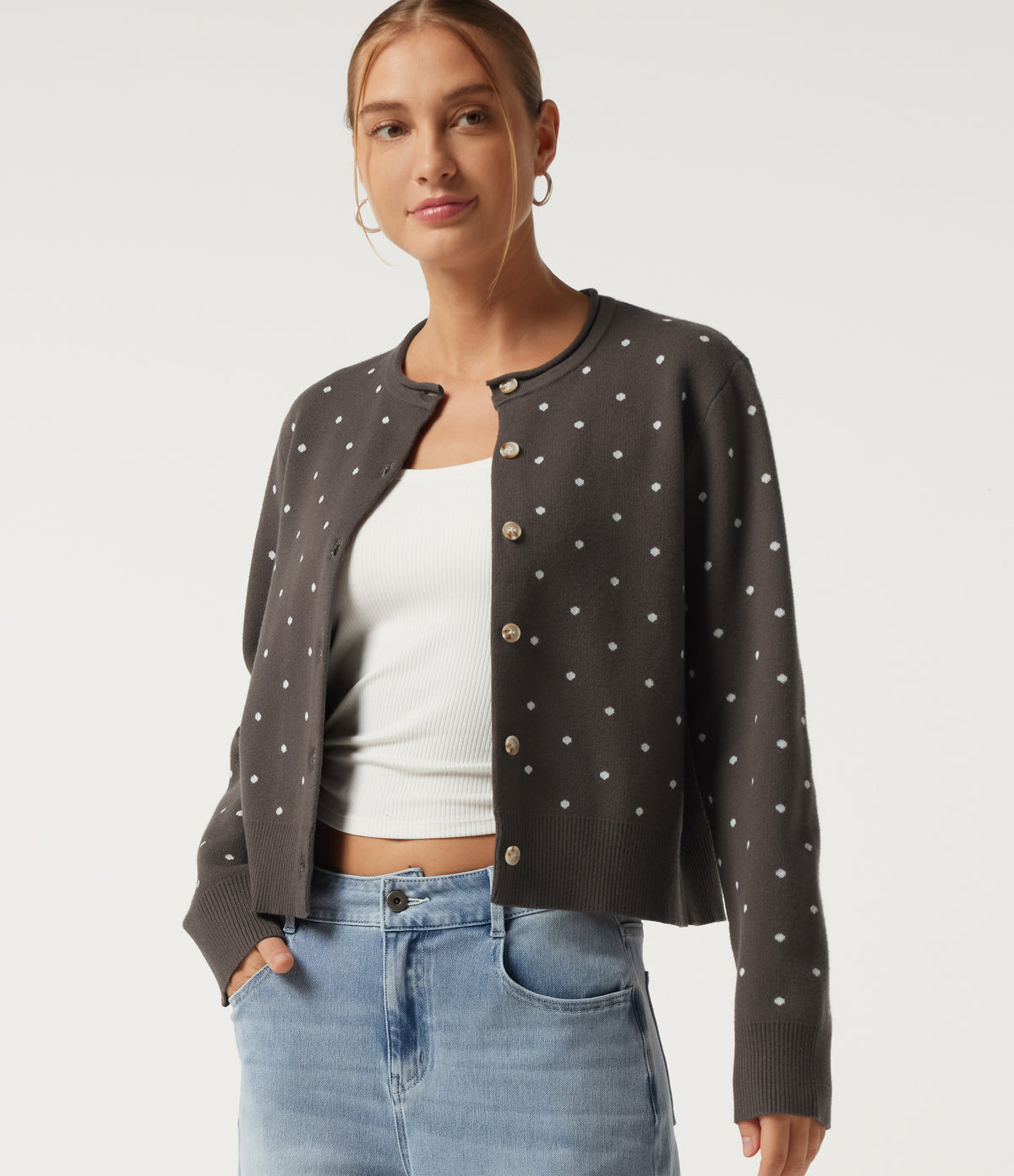Round Neck Long Sleeve Polka Dot Casual Cardigan — Clay Brown — view 1