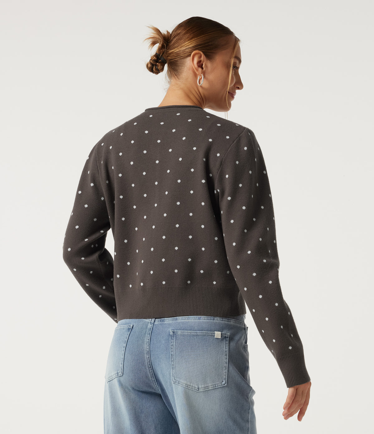 Round Neck Long Sleeve Polka Dot Casual Cardigan — Clay Brown — view 2