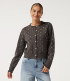Round Neck Long Sleeve Polka Dot Casual Cardigan — Clay Brown — view 4