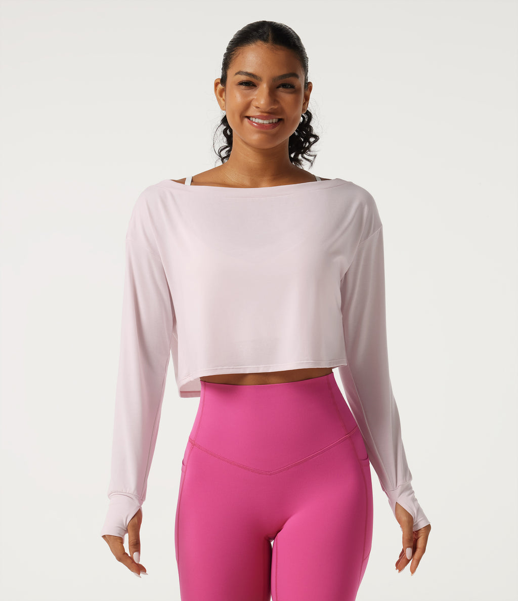 One Shoulder Long Sleeve Thumb Hole Quick Dry Yoga Sports Top — Pale Lilac — view 6