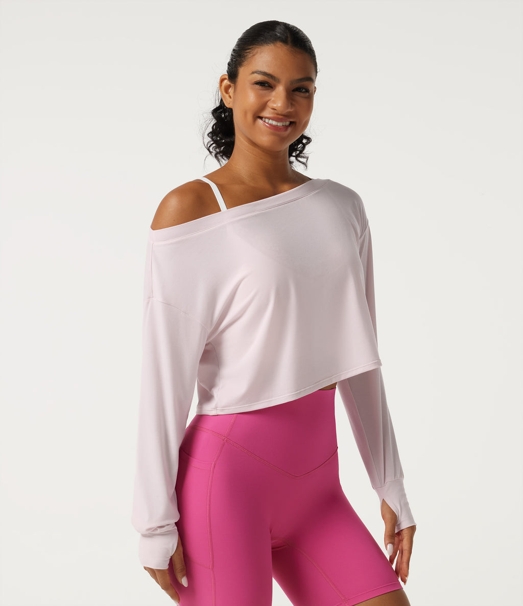 One Shoulder Long Sleeve Thumb Hole Quick Dry Yoga Sports Top — Pale Lilac — view 3