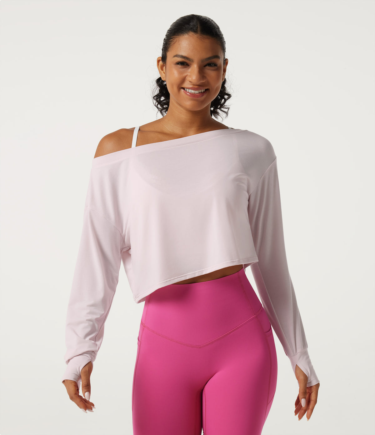 One Shoulder Long Sleeve Thumb Hole Quick Dry Yoga Sports Top — Pale Lilac — view 4