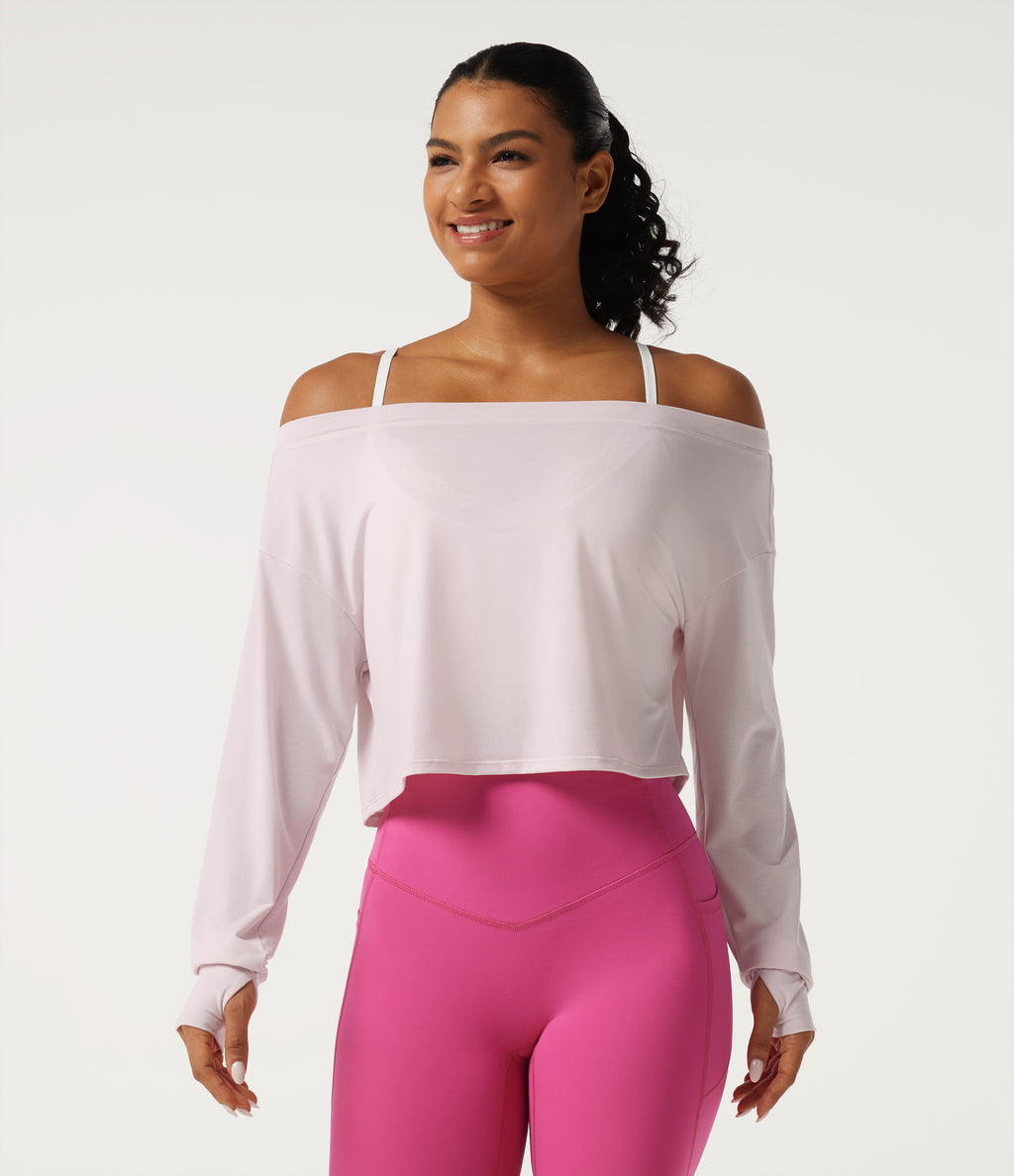 One Shoulder Long Sleeve Thumb Hole Quick Dry Yoga Sports Top — Pale Lilac — view 5