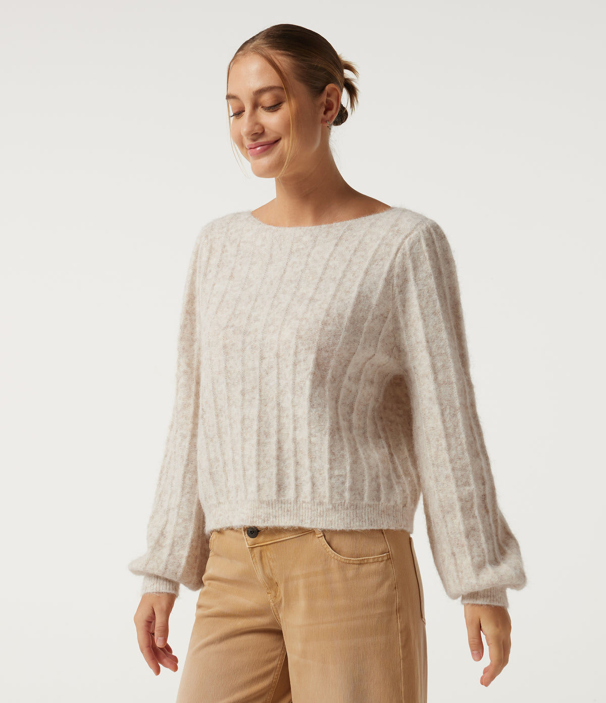 Boat Neck Long Sleeve Casual Jumper — Pastel Parchment — view 4