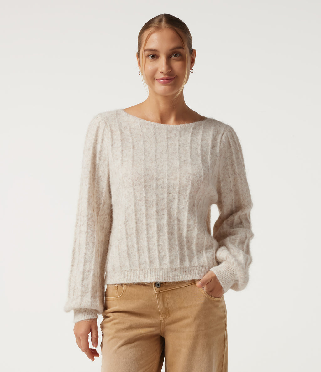 Boat Neck Long Sleeve Casual Jumper — Pastel Parchment — view 3