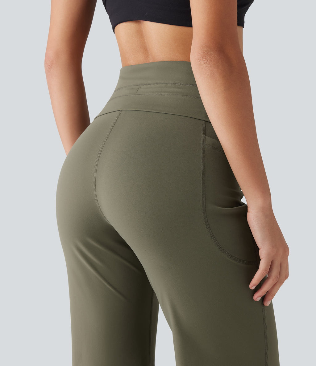 High Waisted Foldover Drawstring Yoga Joggers with Pockets — Grass Grey Green — view 4