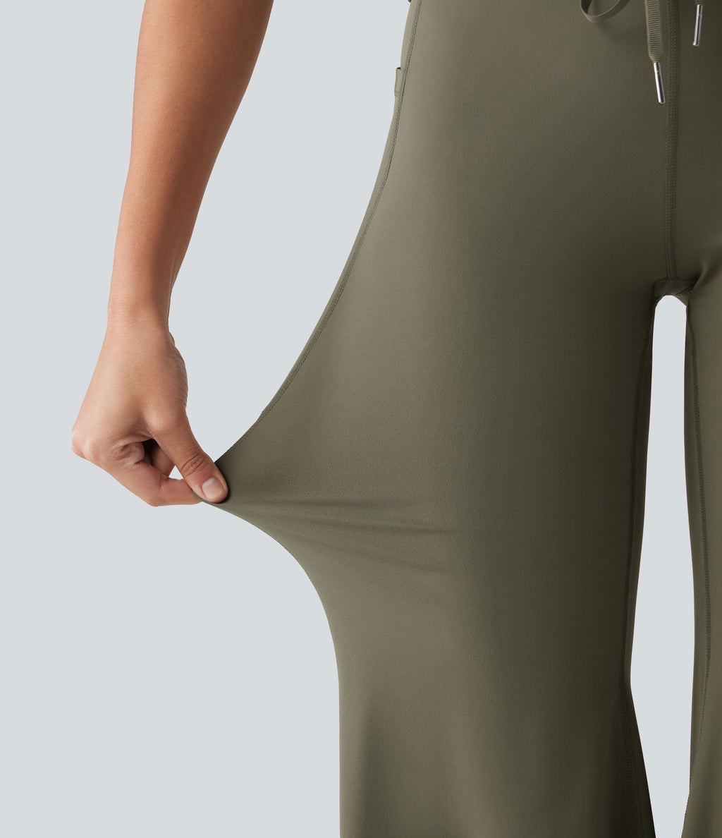 High Waisted Foldover Drawstring Yoga Joggers with Pockets — Grass Grey Green — view 7