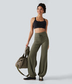 High Waisted Foldover Drawstring Yoga Joggers with Pockets — Grass Grey Green — view 8