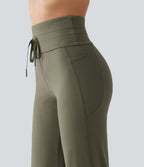 High Waisted Foldover Drawstring Yoga Joggers with Pockets — Grass Grey Green — view 6