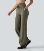 High Waisted Foldover Drawstring Yoga Joggers with Pockets — Grass Grey Green — view 3
