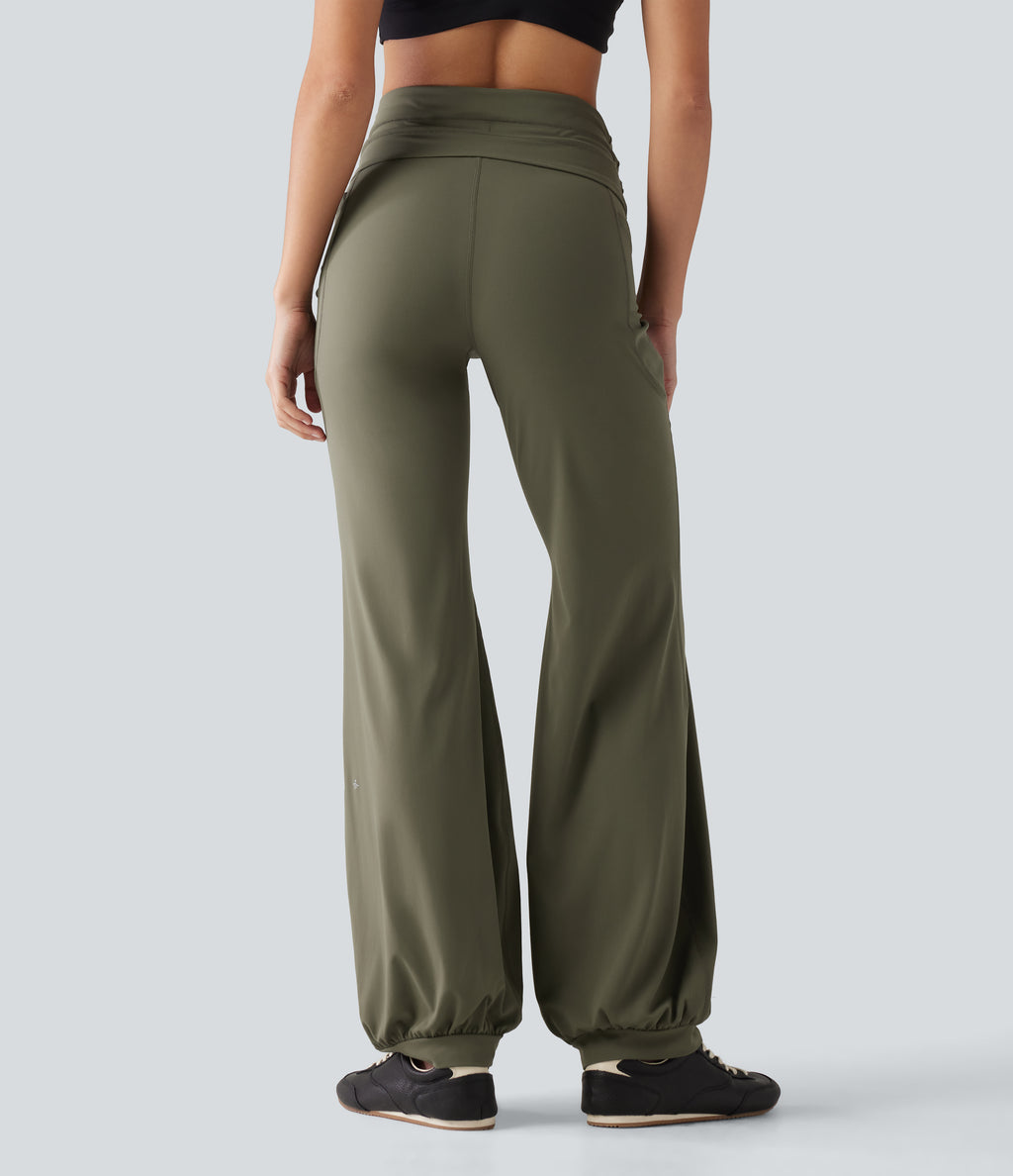 High Waisted Foldover Drawstring Yoga Joggers with Pockets — Grass Grey Green — view 2