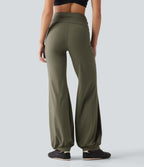 High Waisted Foldover Drawstring Yoga Joggers with Pockets — Grass Grey Green — view 2
