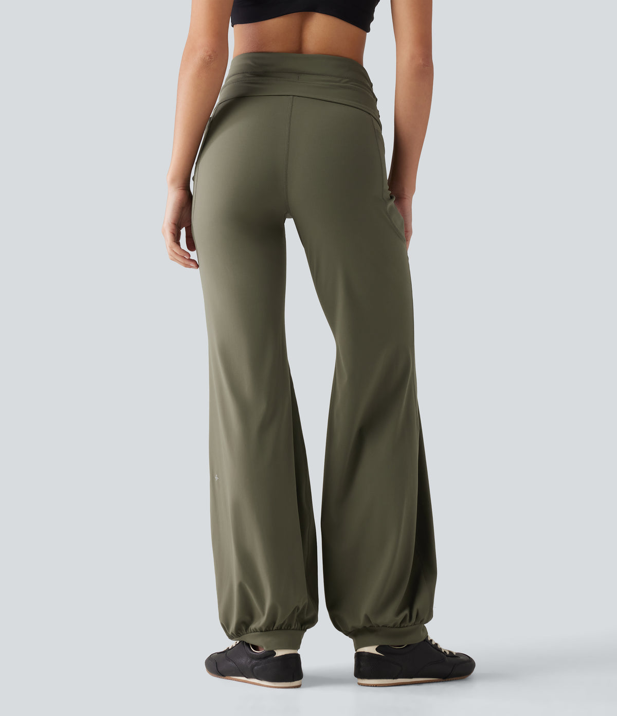 High Waisted Foldover Drawstring Yoga Joggers with Pockets — Grass Grey Green — view 2