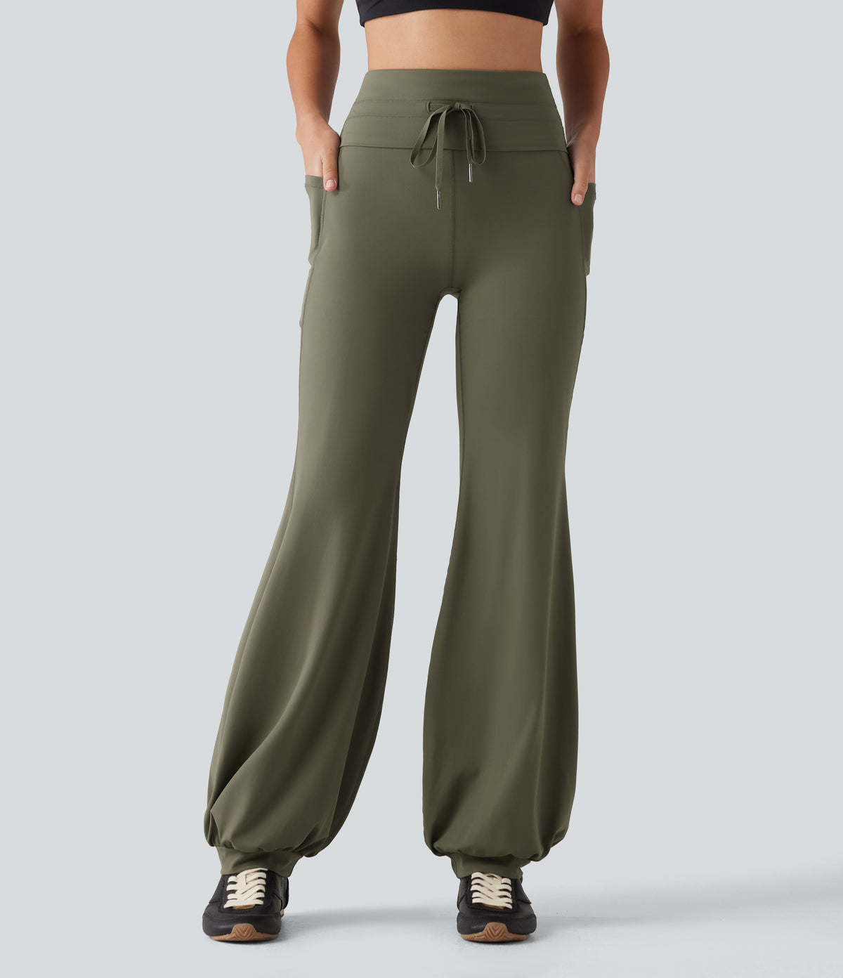 High Waisted Foldover Drawstring Yoga Joggers with Pockets — Grass Grey Green — view 1