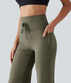 High Waisted Foldover Drawstring Yoga Joggers with Pockets — Grass Grey Green — view 5