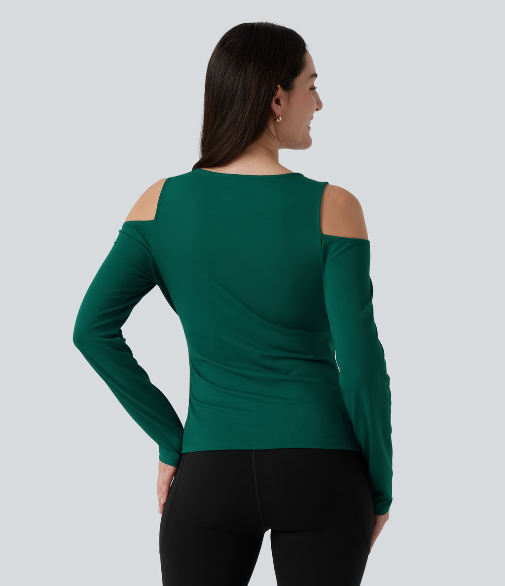 V Neck Long Sleeve Crossover Ruched Casual Top — Rain Forest — view 2