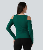 V Neck Long Sleeve Crossover Ruched Casual Top — Rain Forest — view 2