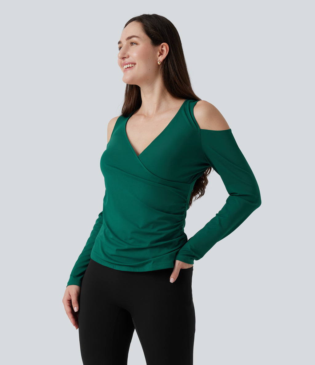 V Neck Long Sleeve Crossover Ruched Casual Top — Rain Forest — view 4