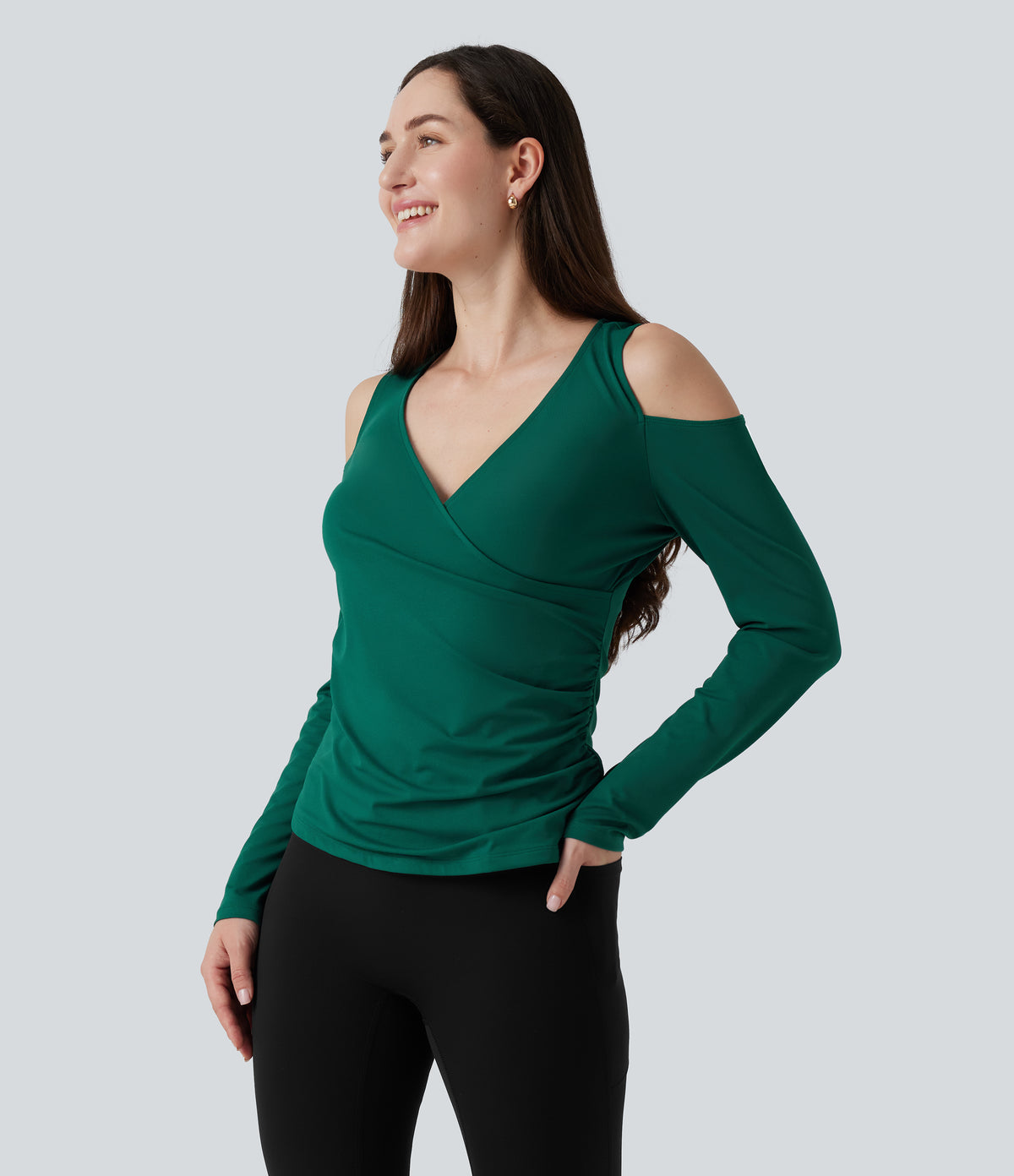 V Neck Long Sleeve Crossover Ruched Casual Top — Rain Forest — view 4