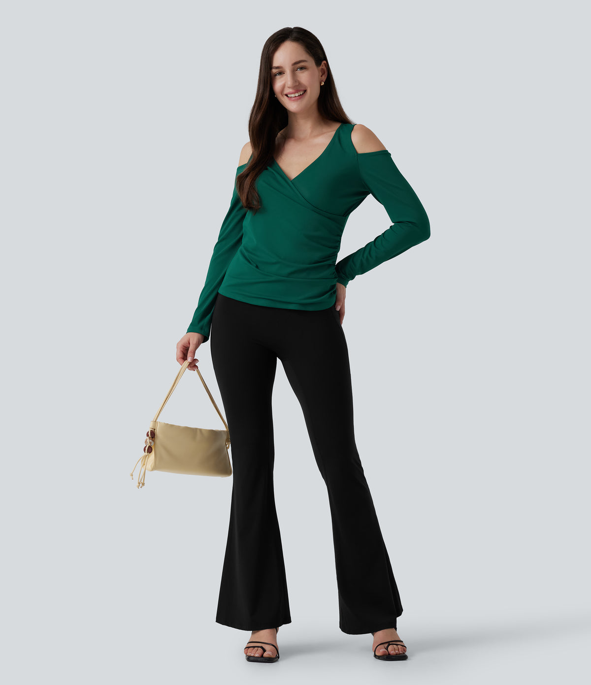 V Neck Long Sleeve Crossover Ruched Casual Top — Rain Forest — view 7