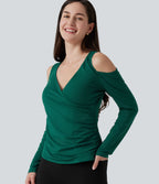V Neck Long Sleeve Crossover Ruched Casual Top — Rain Forest — view 1