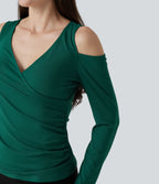 V Neck Long Sleeve Crossover Ruched Casual Top — Rain Forest — view 5