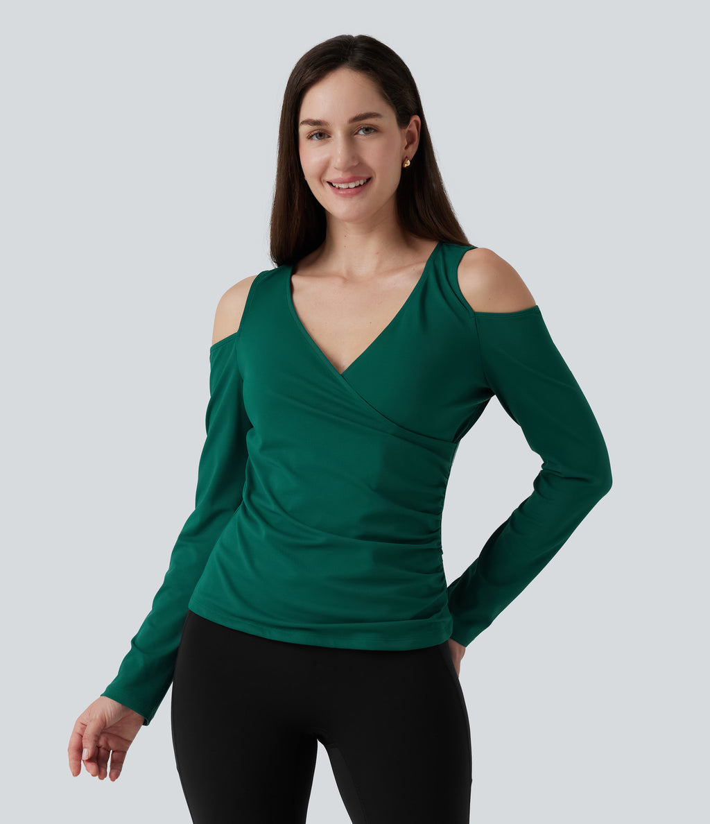 V Neck Long Sleeve Crossover Ruched Casual Top — Rain Forest — view 3