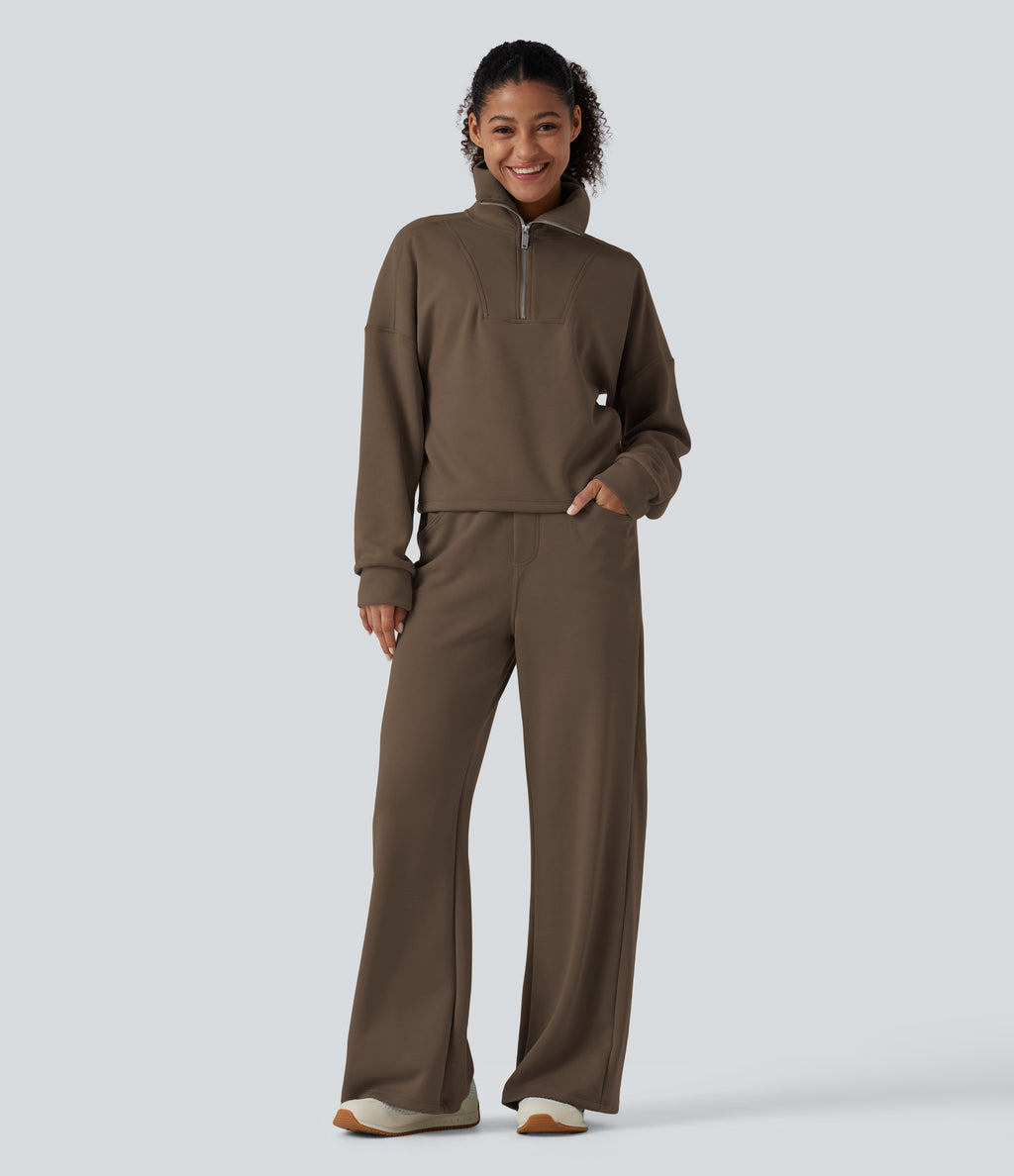 High Waisted Wide Leg Casual Sweatpants with Pockets — Coffee Liqueúr — view 4