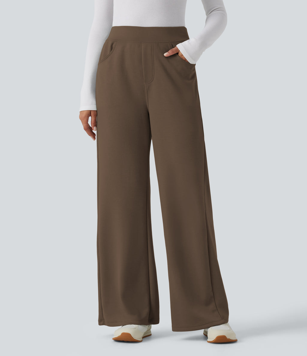 High Waisted Wide Leg Casual Sweatpants with Pockets — Coffee Liqueúr — view 1