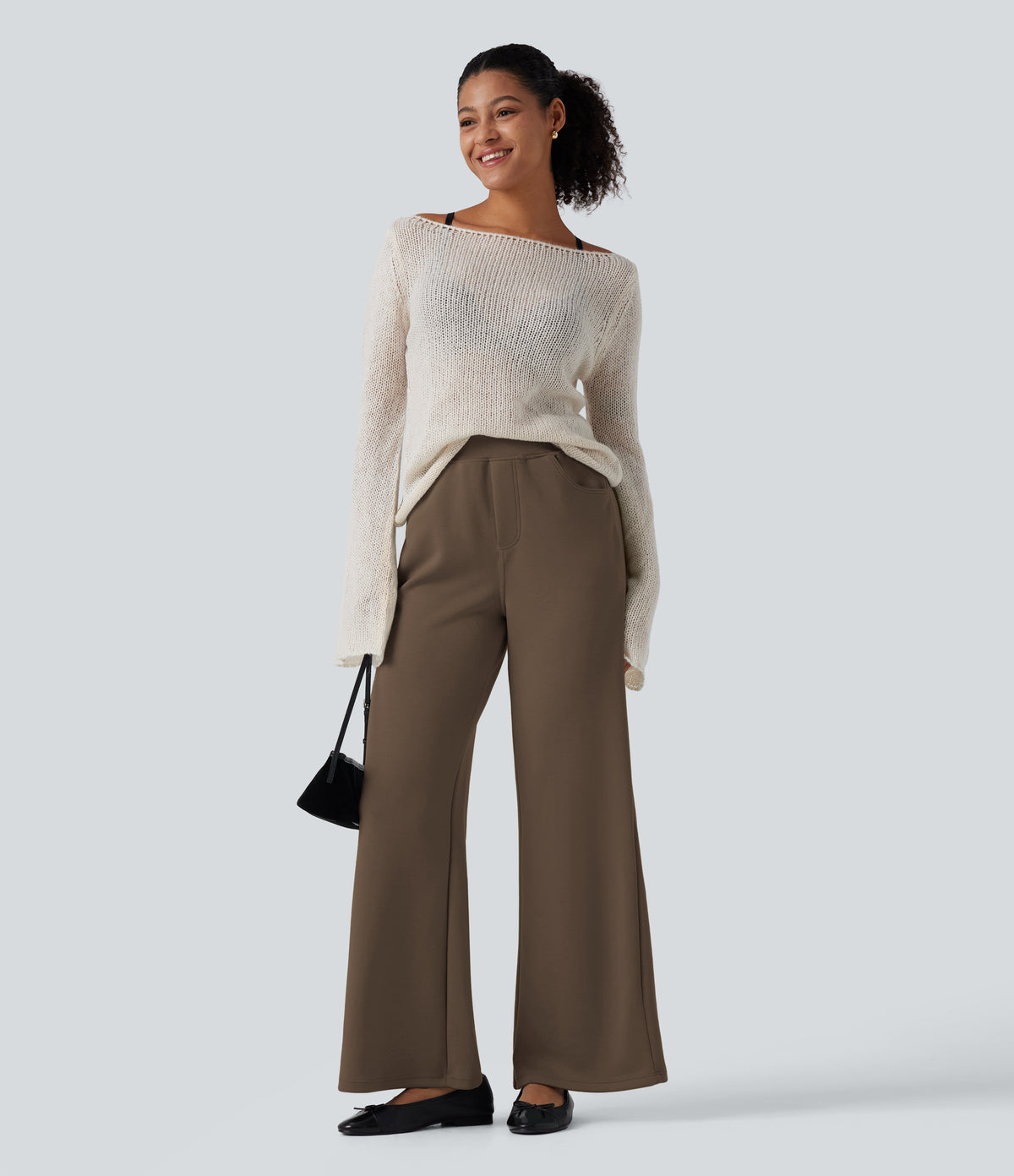 High Waisted Wide Leg Casual Sweatpants with Pockets — Coffee Liqueúr — view 7