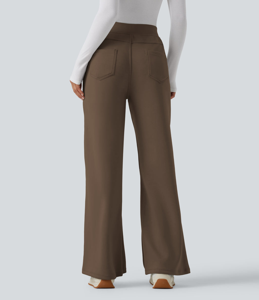 High Waisted Wide Leg Casual Sweatpants with Pockets — Coffee Liqueúr — view 2