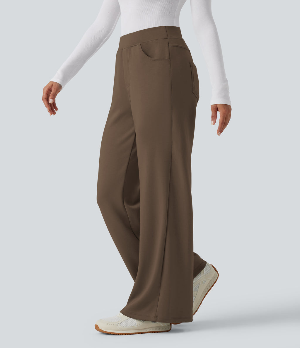High Waisted Wide Leg Casual Sweatpants with Pockets — Coffee Liqueúr — view 3